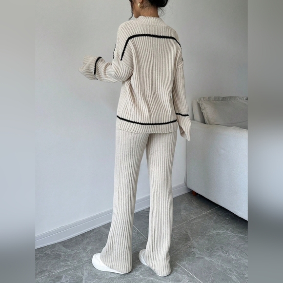 2pcs Women Contrast Striped Print Turtleneck Sweater And Solid Colour Pants set - Picture 5 of 5